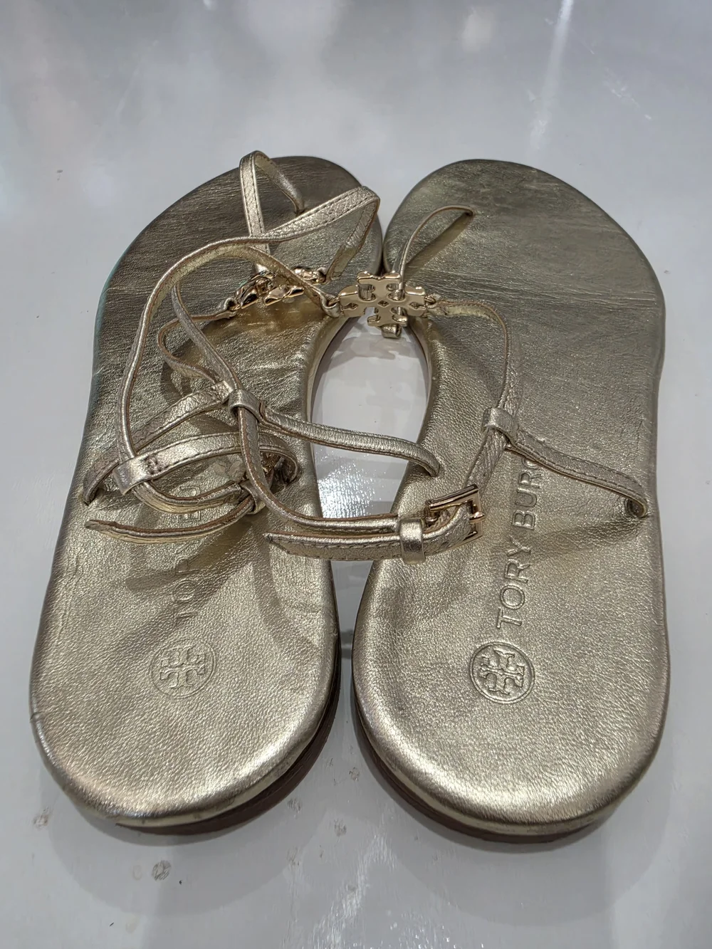 Tory Burch Metallic Gold T-Strap Sandals Size 11